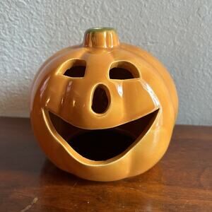 VTG UPCO USA Ceramic Pumpkin JACK-O-LANTERN Halloween Pottery Candle Holder